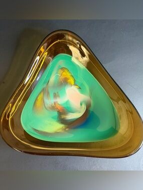 Mid Century Murano Glass Sommerso Irregular Shaped Bowl Amber Green Heavy.